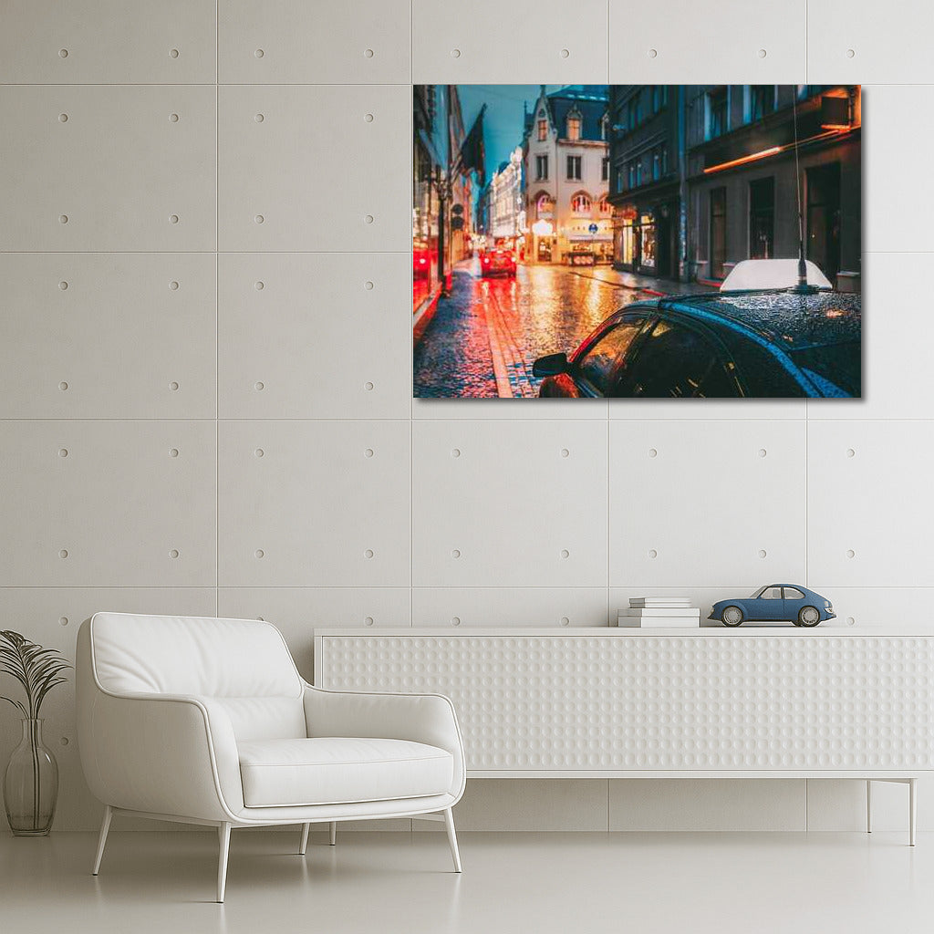 Evening Rain: Lights and Reflections on the City Streets