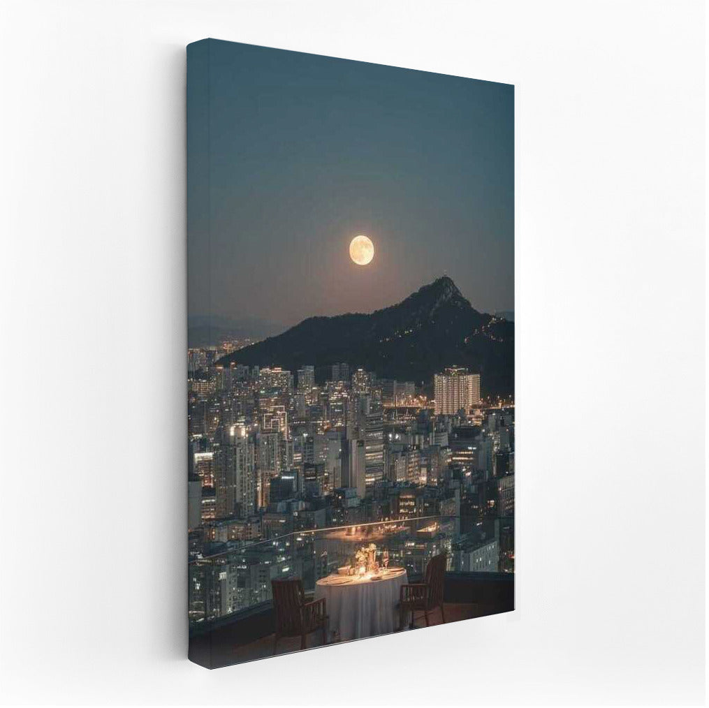Moonlit Seoul: Skyscrapers and Mountains in South Korea's Night