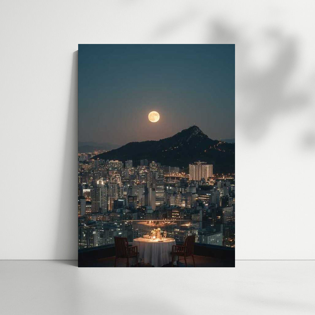 Moonlit Seoul: Skyscrapers and Mountains in South Korea's Night