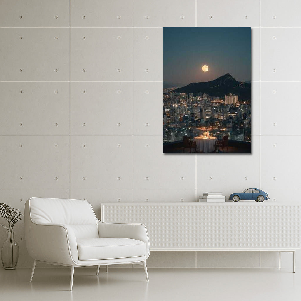 Moonlit Seoul: Skyscrapers and Mountains in South Korea's Night