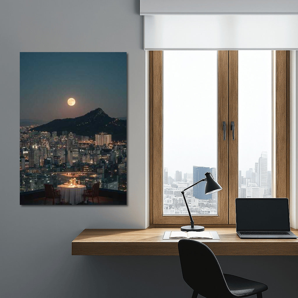 Moonlit Seoul: Skyscrapers and Mountains in South Korea's Night