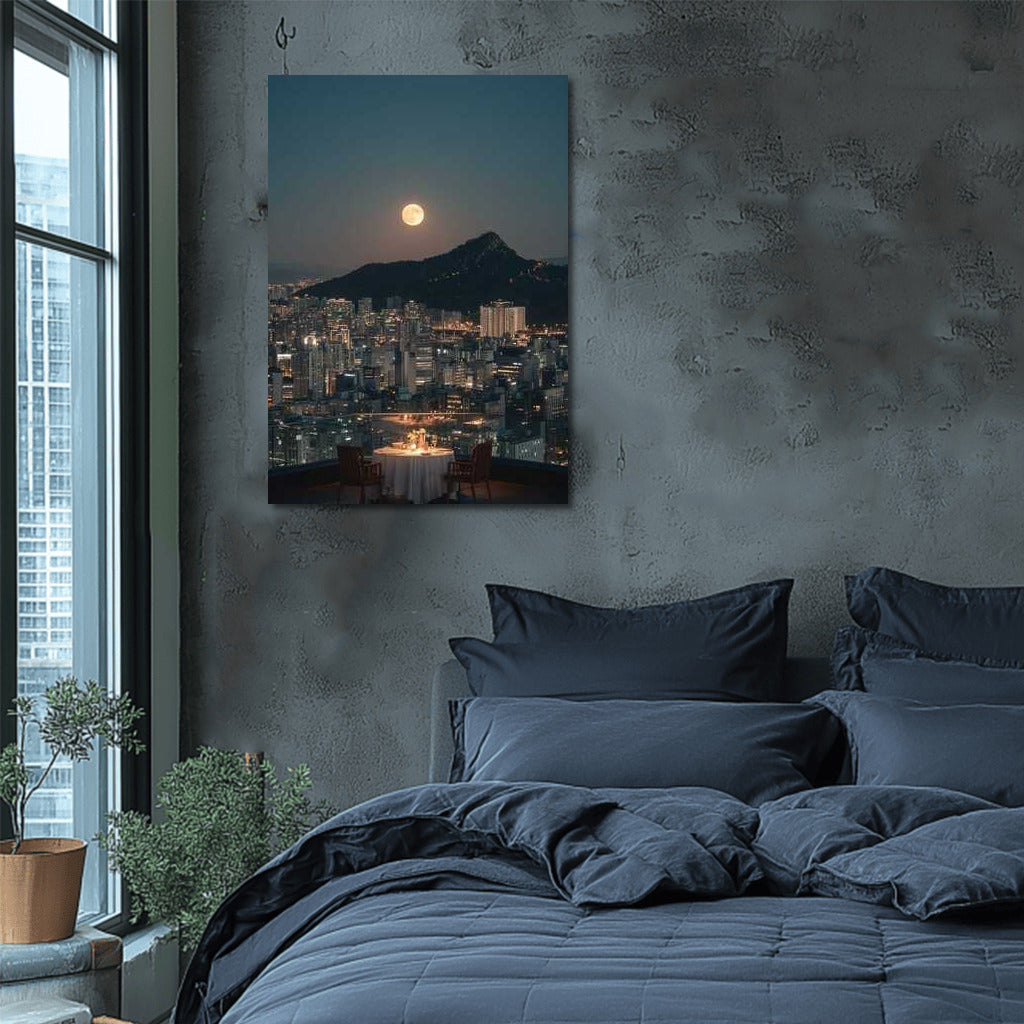 Moonlit Seoul: Skyscrapers and Mountains in South Korea's Night