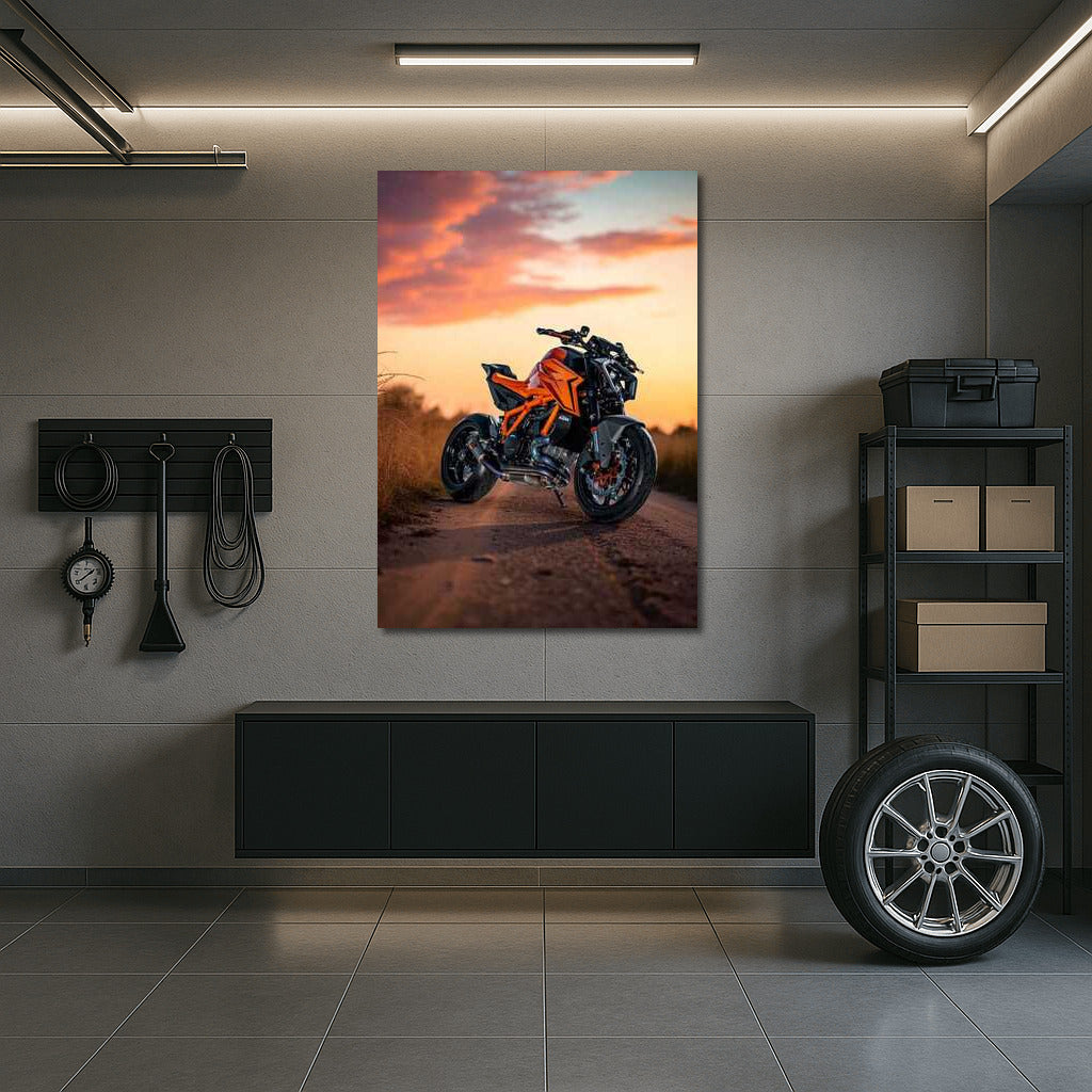 Sunset Speed: KTM 1390 Super Duke R Evo on Dusty Road