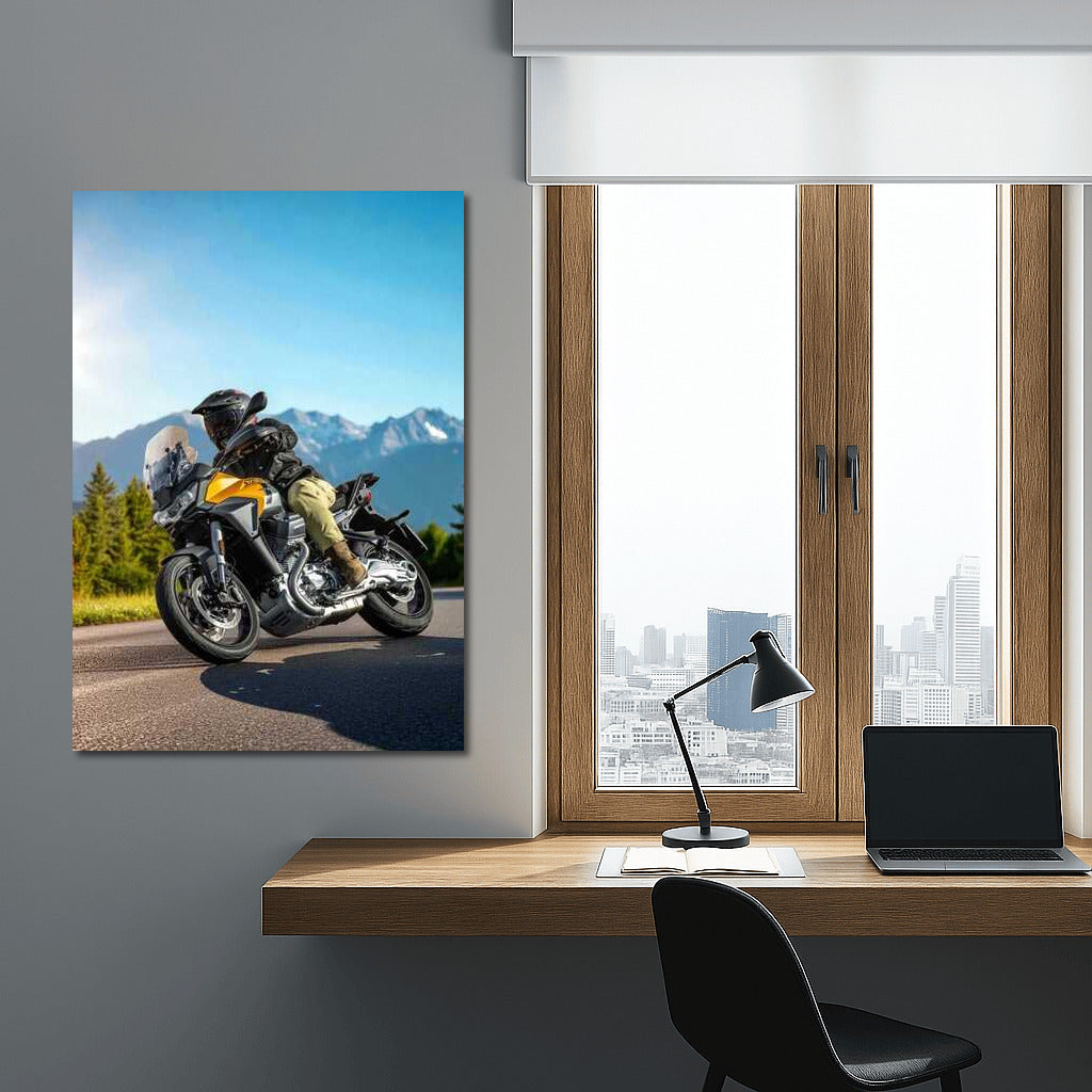 Moto Guzzi Stelvio Icon on Sunny Highway with Mountains