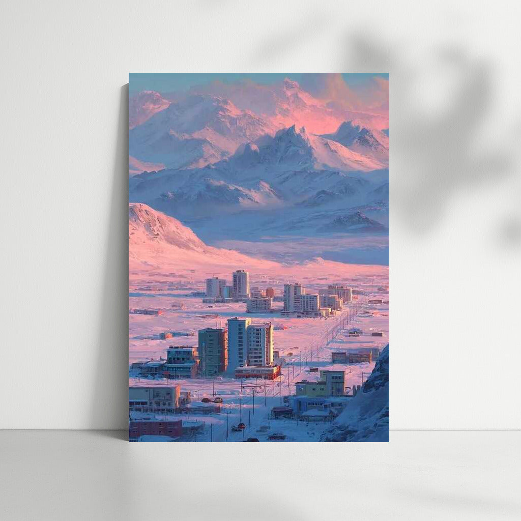 Winter Morning: Mountains and City in Pink Light