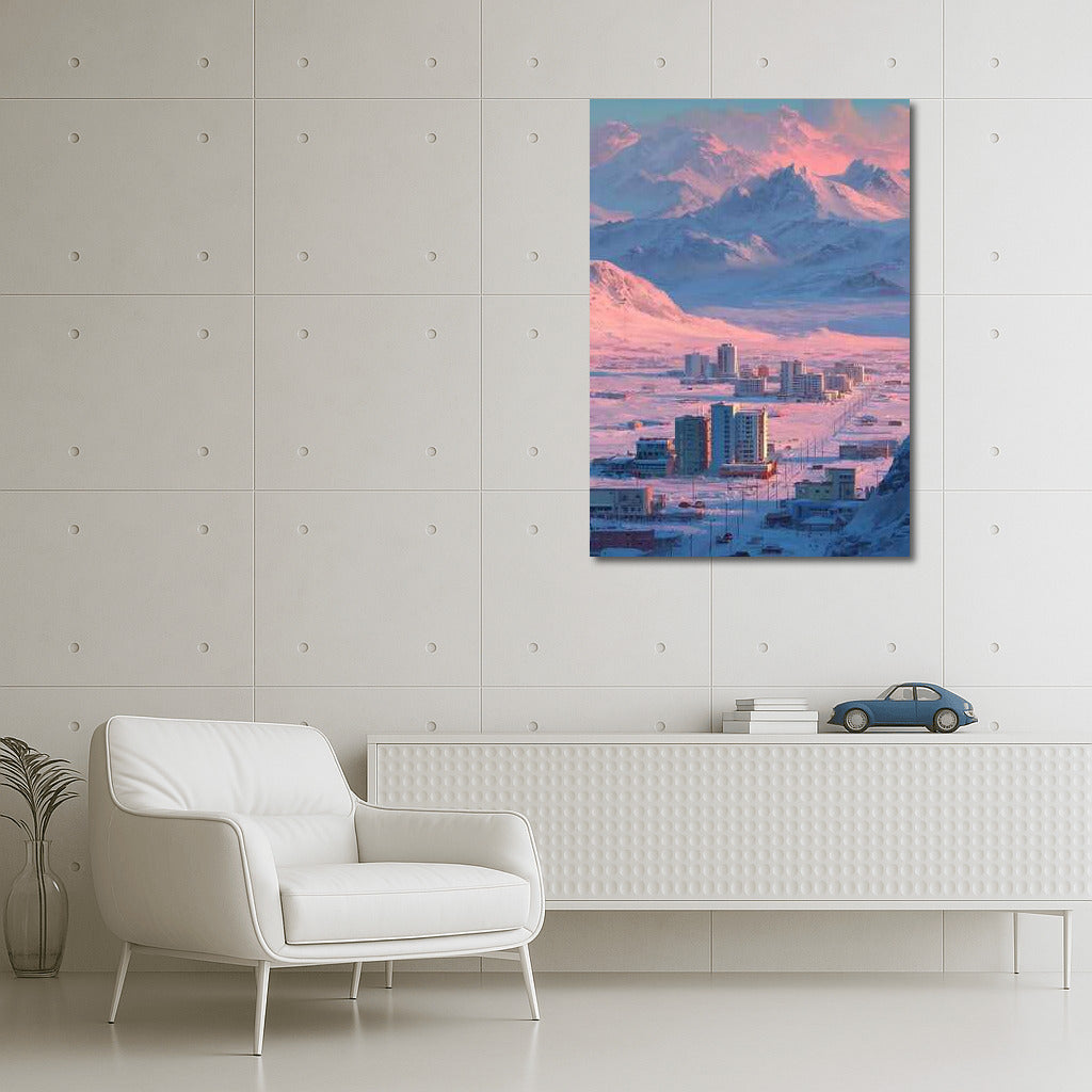 Winter Morning: Mountains and City in Pink Light