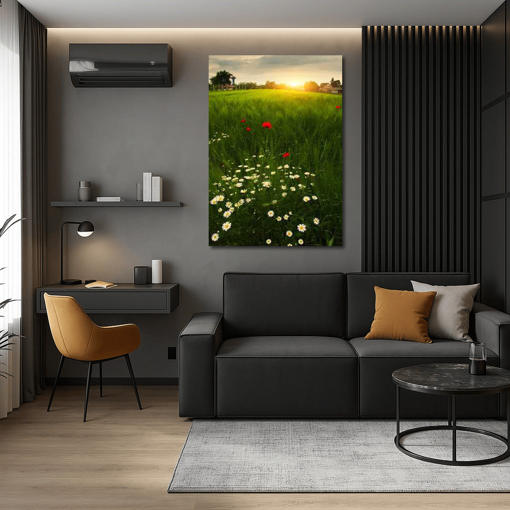 Summer Sunset: Blooming Daisies and Poppies