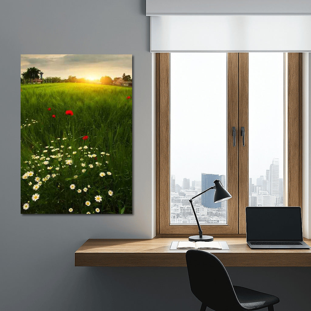 Summer Sunset: Blooming Daisies and Poppies