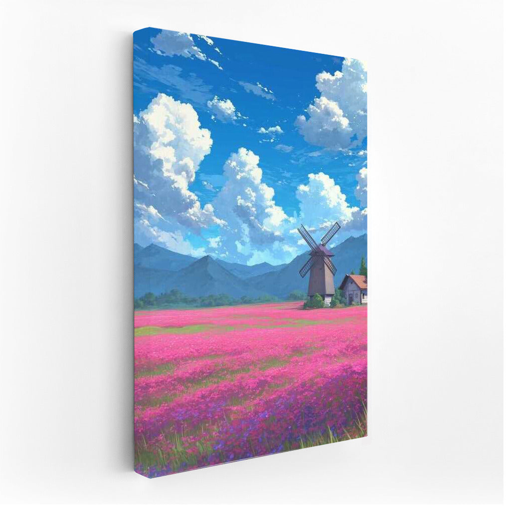 Summer Idyll: Flower Fields and a Mill under a Blue Sky