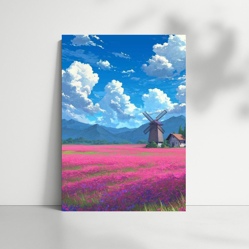 Summer Idyll: Flower Fields and a Mill under a Blue Sky