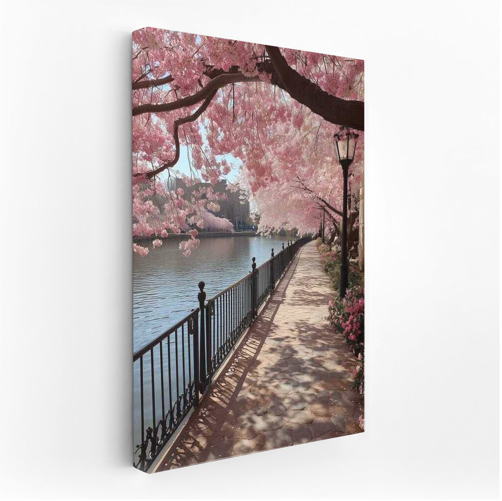 Spring Charm: Pink Flowers by the River