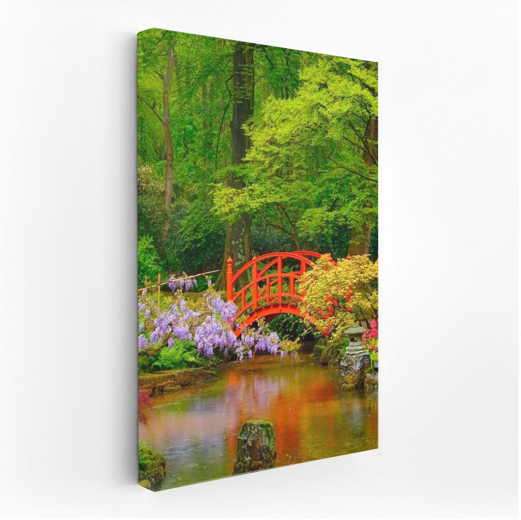 Spring Garden with Red Bridge: Awakening of Nature