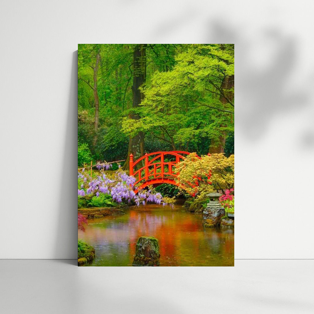 Spring Garden with Red Bridge: Awakening of Nature