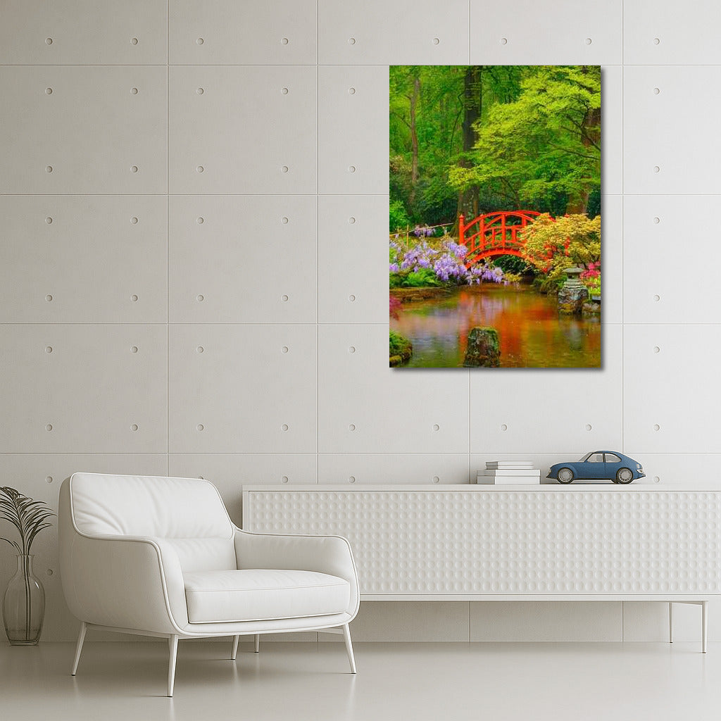Spring Garden with Red Bridge: Awakening of Nature
