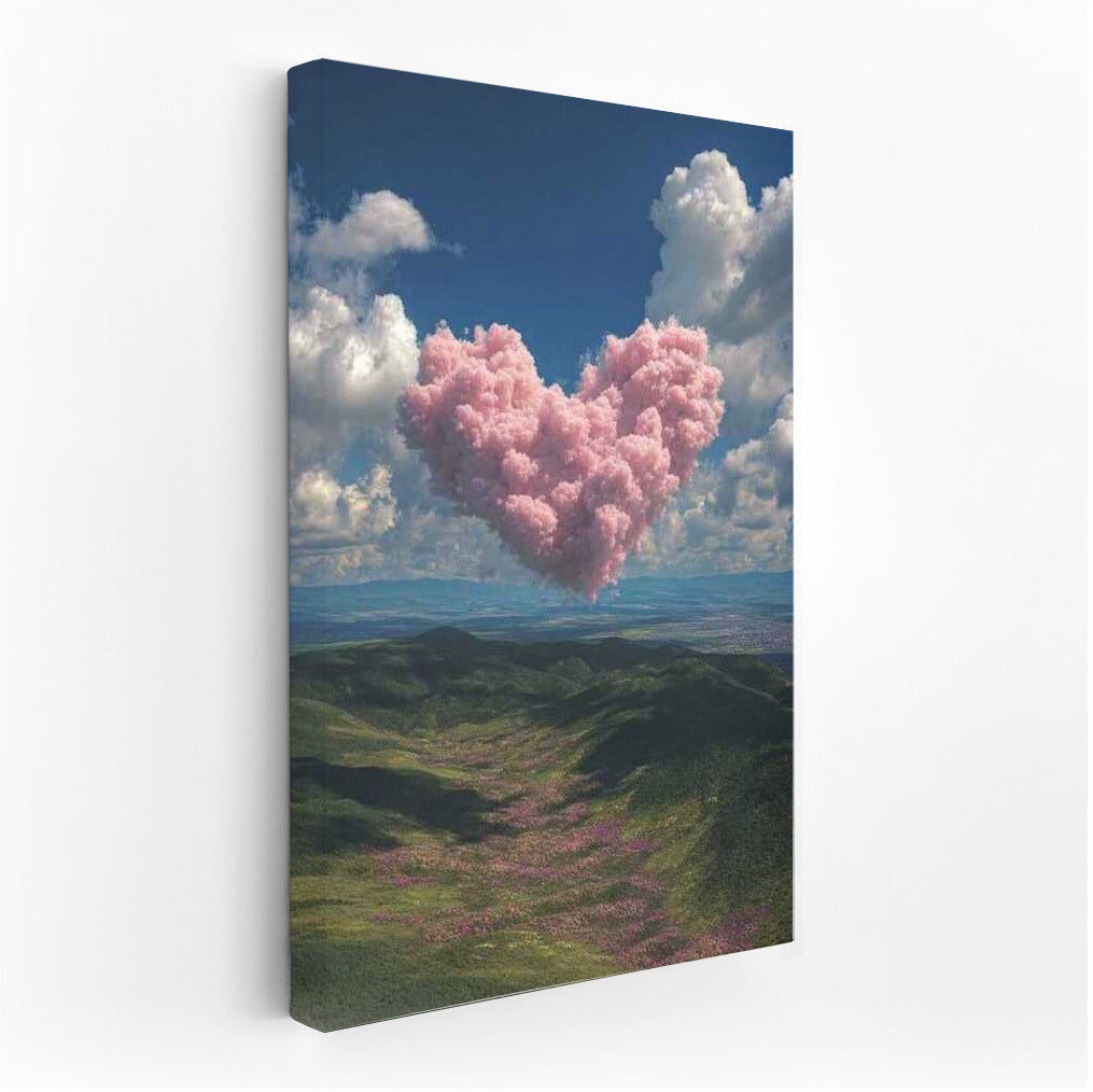 Pink Cloud Heart Over Green Hills: Harmony of Nature and Sky