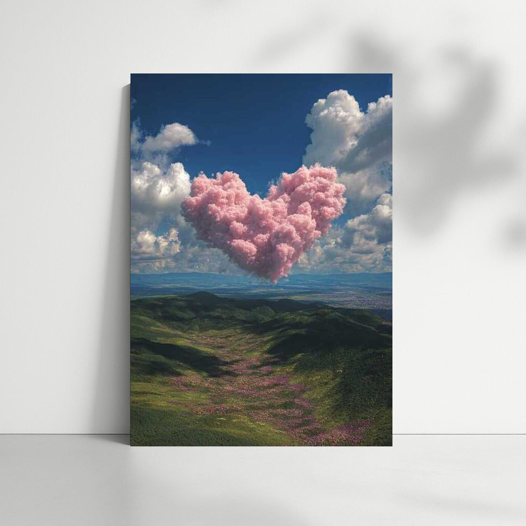 Pink Cloud Heart Over Green Hills: Harmony of Nature and Sky