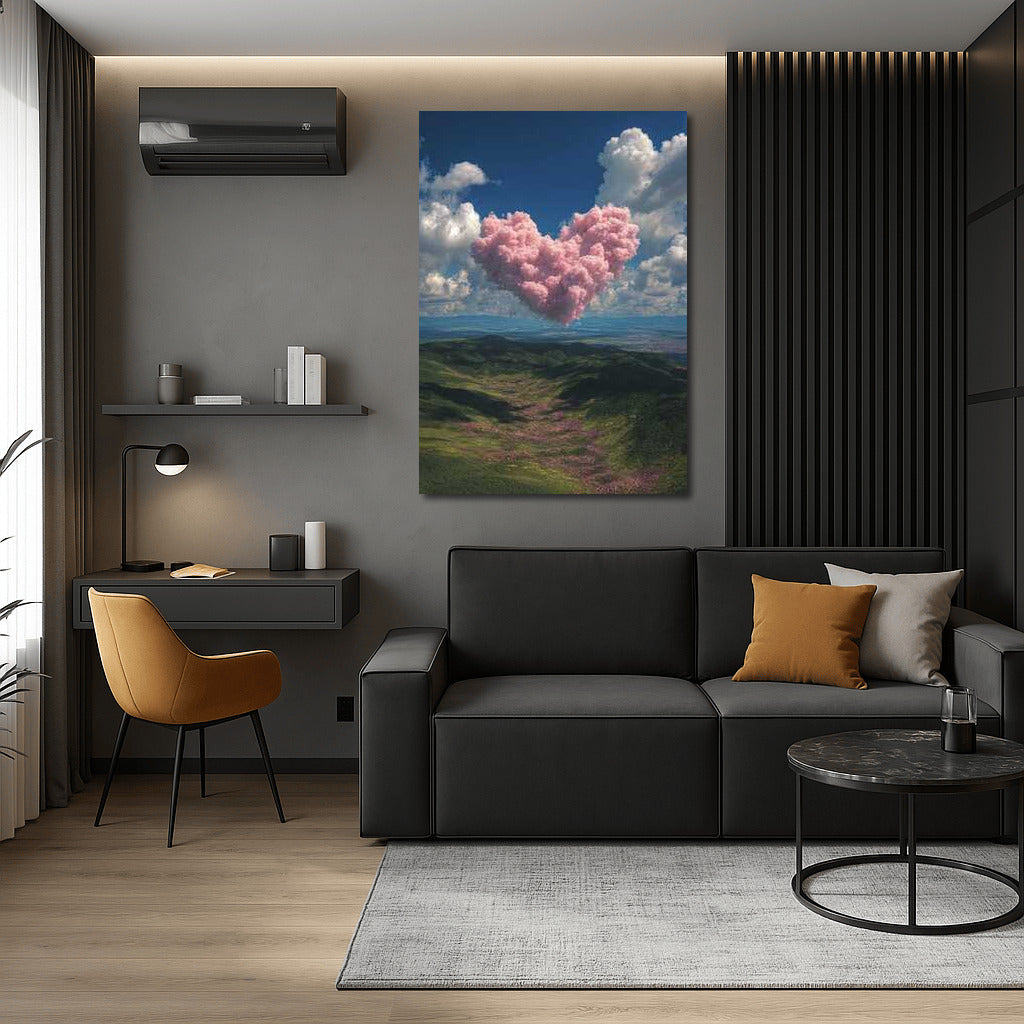 Pink Cloud Heart Over Green Hills: Harmony of Nature and Sky