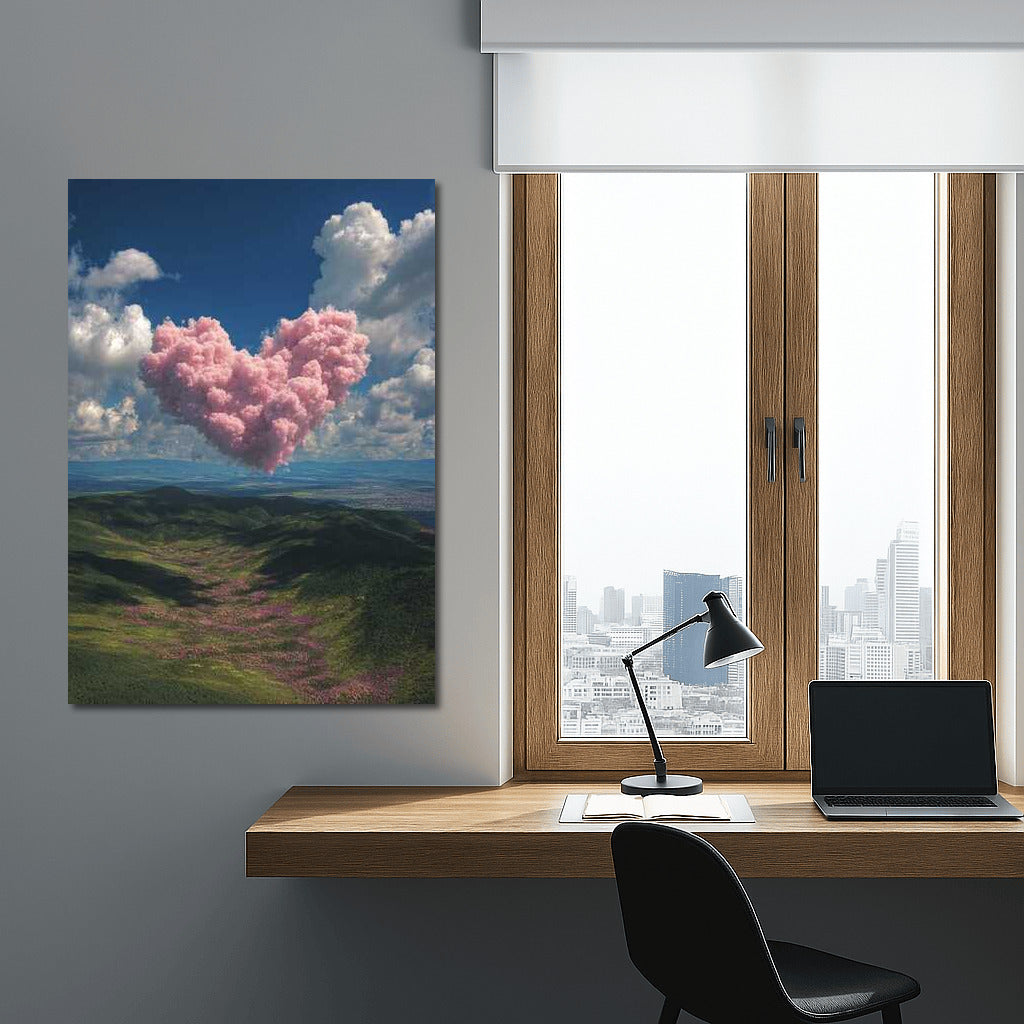 Pink Cloud Heart Over Green Hills: Harmony of Nature and Sky