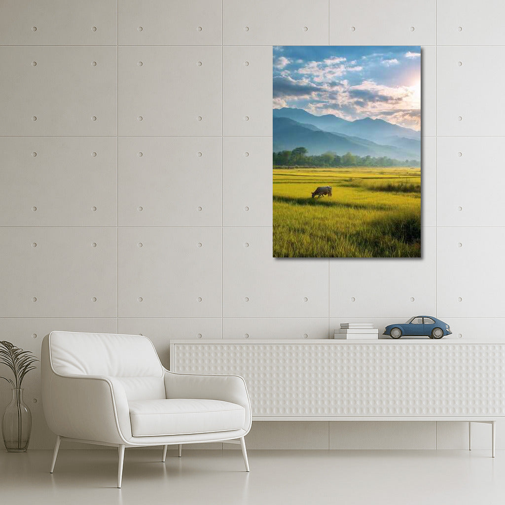 Harmony of nature: field, mountains and sky for peace at home