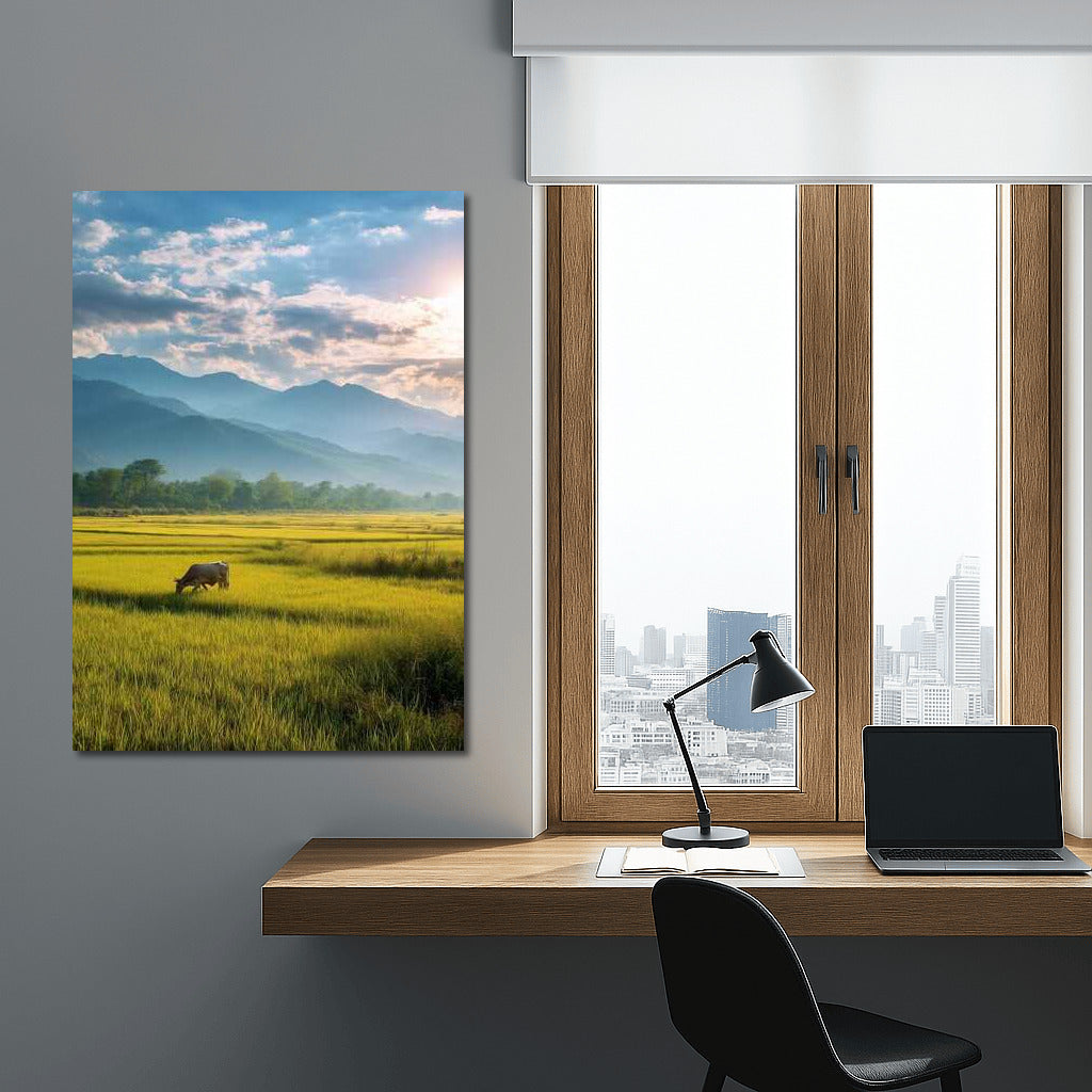 Harmony of nature: field, mountains and sky for peace at home