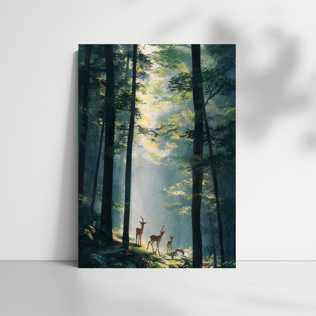 Deer Dance in the Sunny Forest: Natural Scenery and Forest Trees