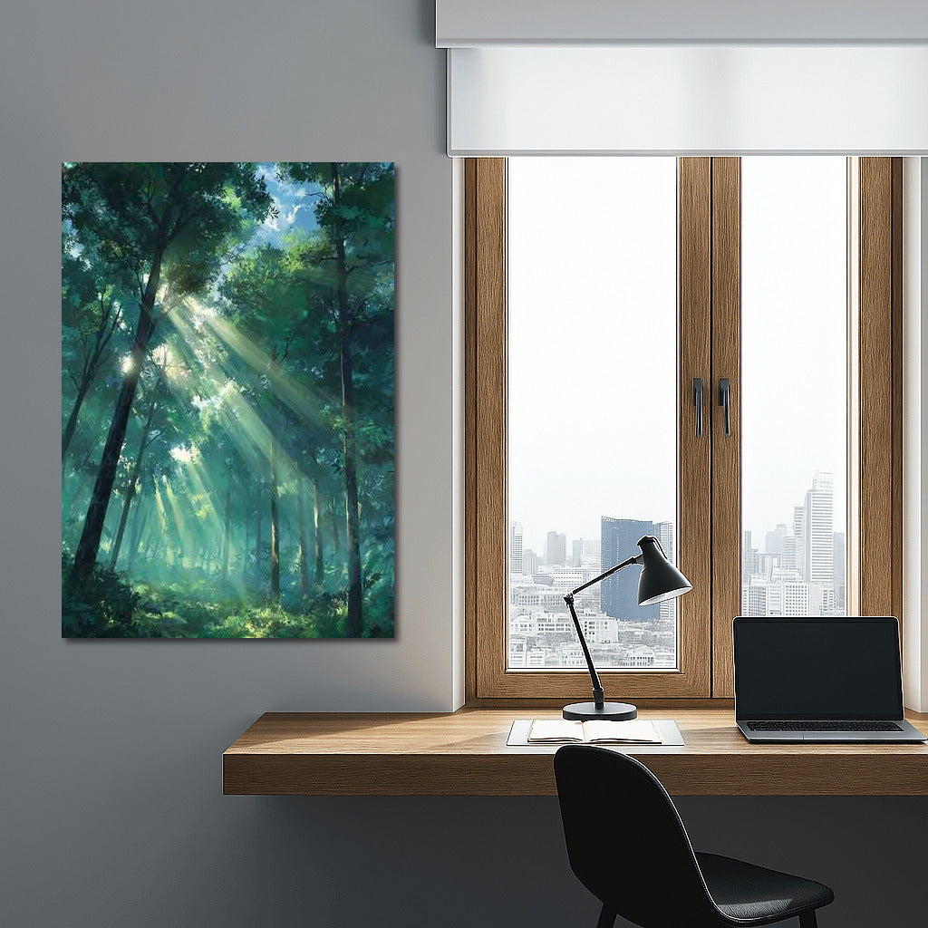 Sun Rays in Green Foliage: Natural Forest Scenery