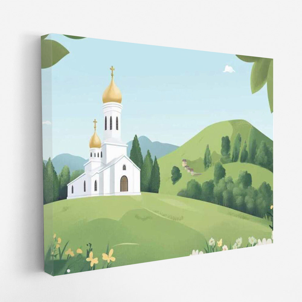 Cartoon Church Among the Hills: Peace and Inspiration