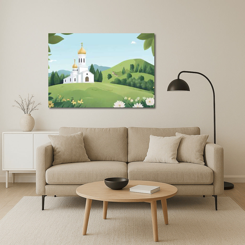 Cartoon Church Among the Hills: Peace and Inspiration
