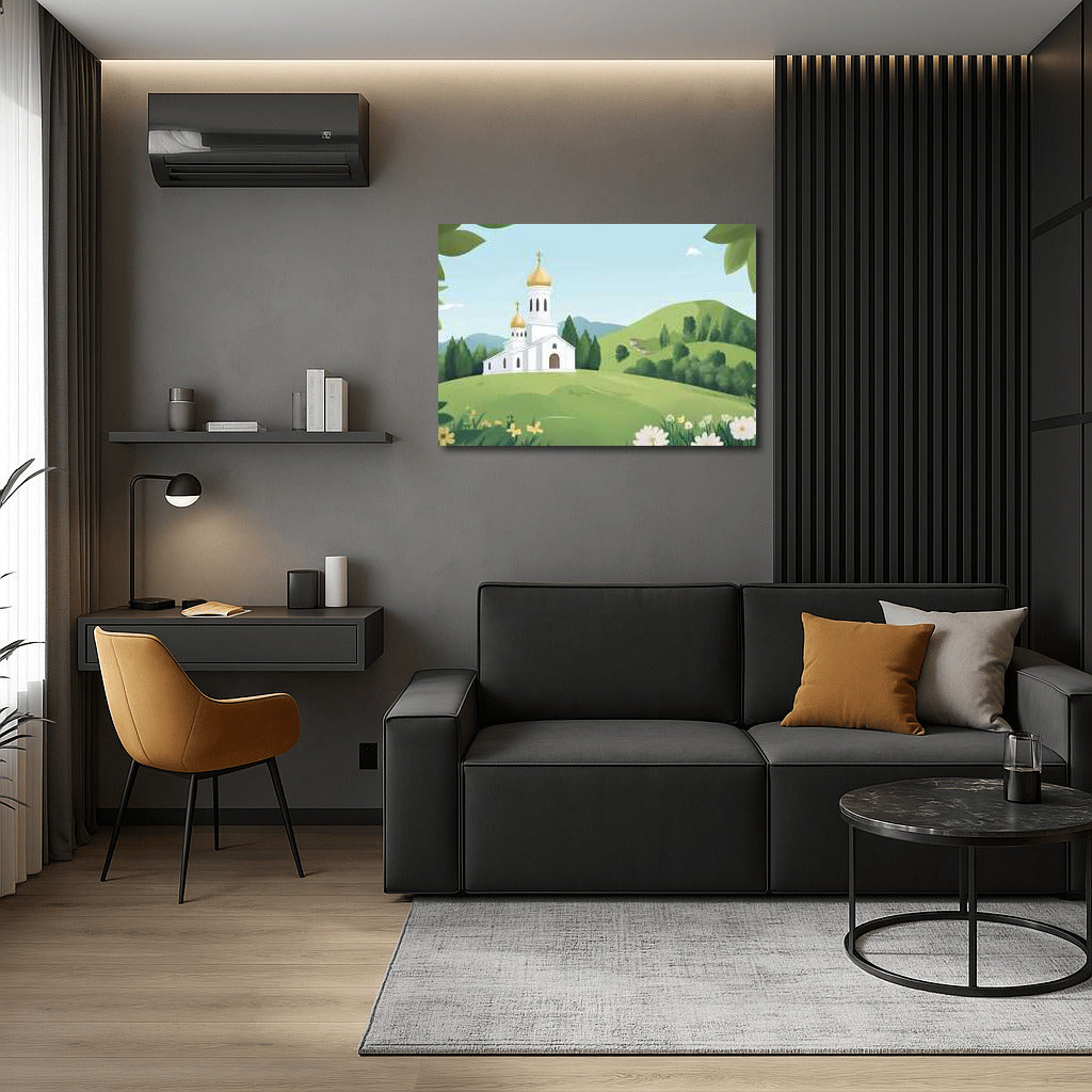 Cartoon Church Among the Hills: Peace and Inspiration