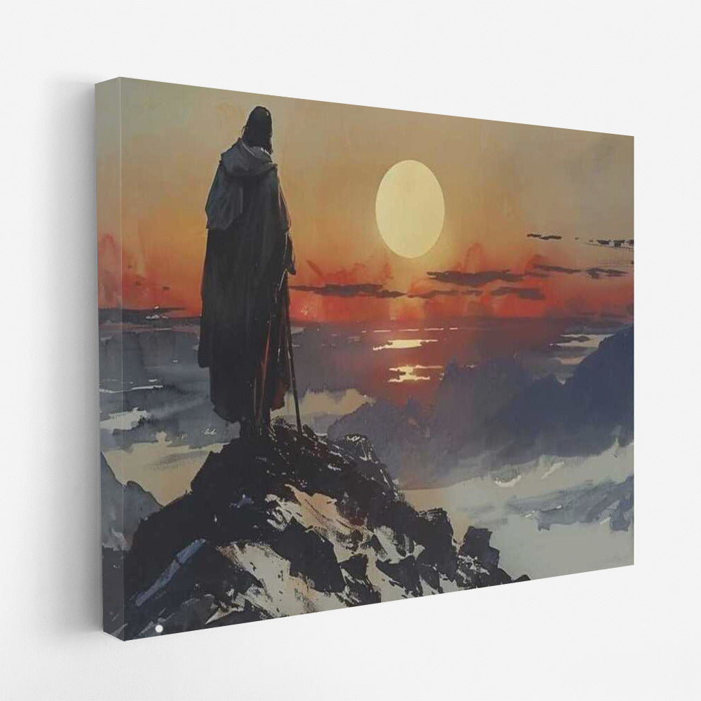 Jesus on the Mountain: Sunset Majesty and Spiritual Peace