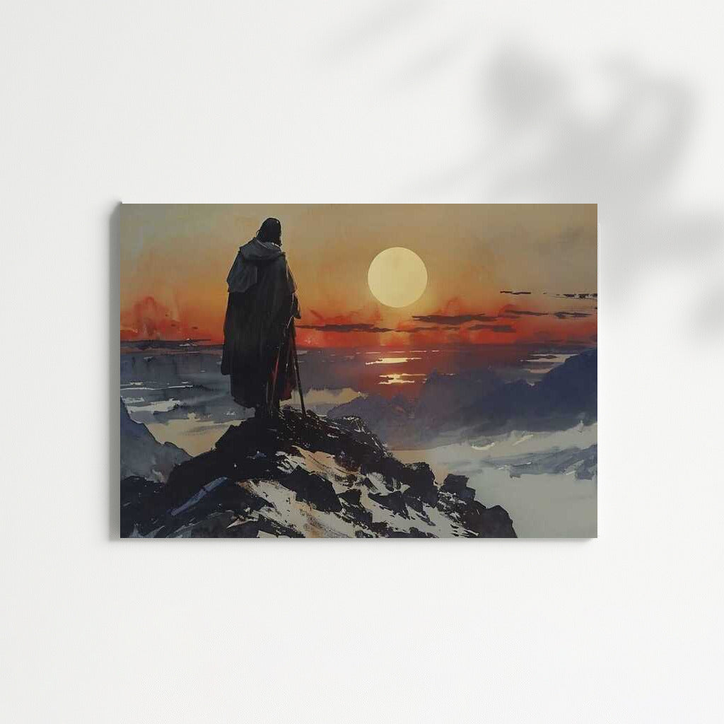 Jesus on the Mountain: Sunset Majesty and Spiritual Peace