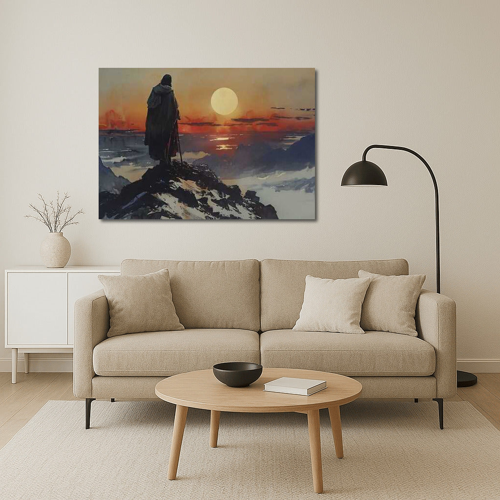 Jesus on the Mountain: Sunset Majesty and Spiritual Peace