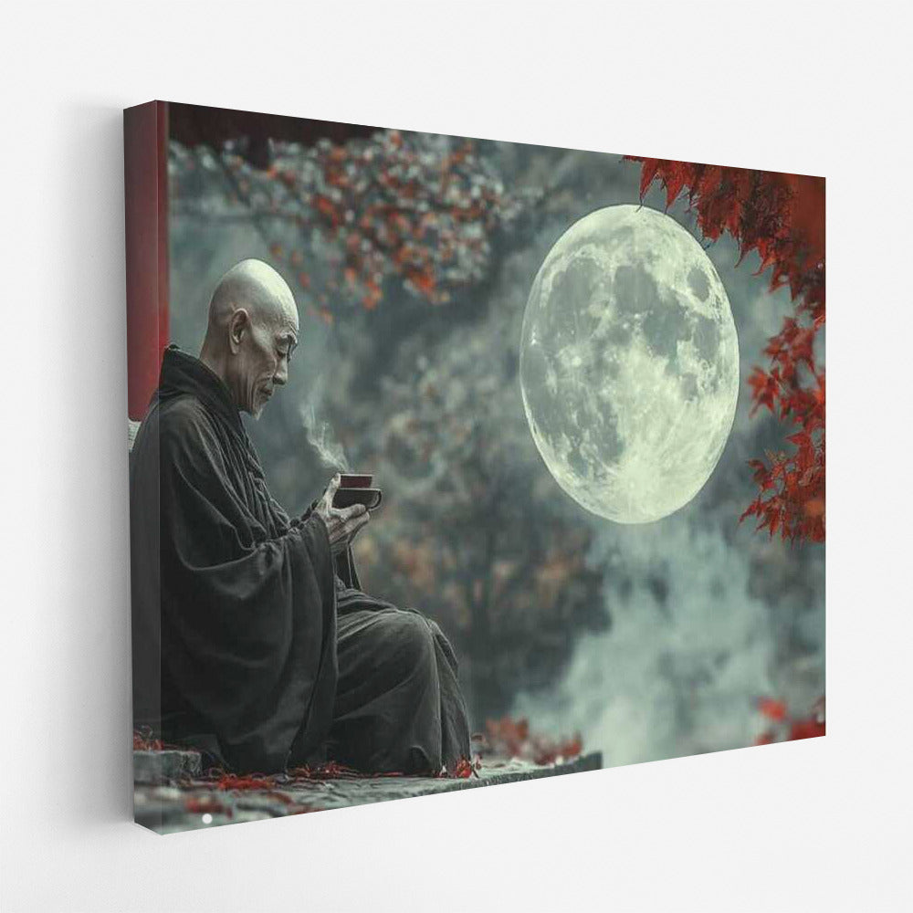 Japanese Monk Meditation in the Moonlight: Wisdom of the East