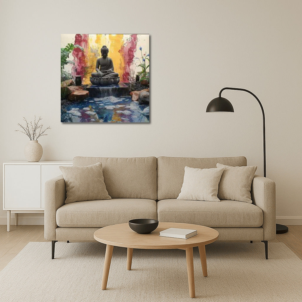 Buddha in the River Flow: Harmony of Nature and Vibrant Colors