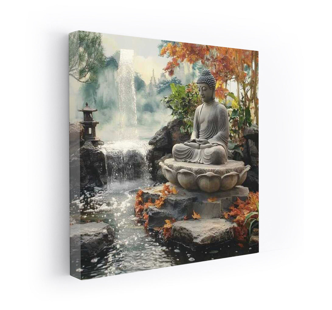 Buddha Among Autumn Waterfalls: Harmony of Nature and Zen