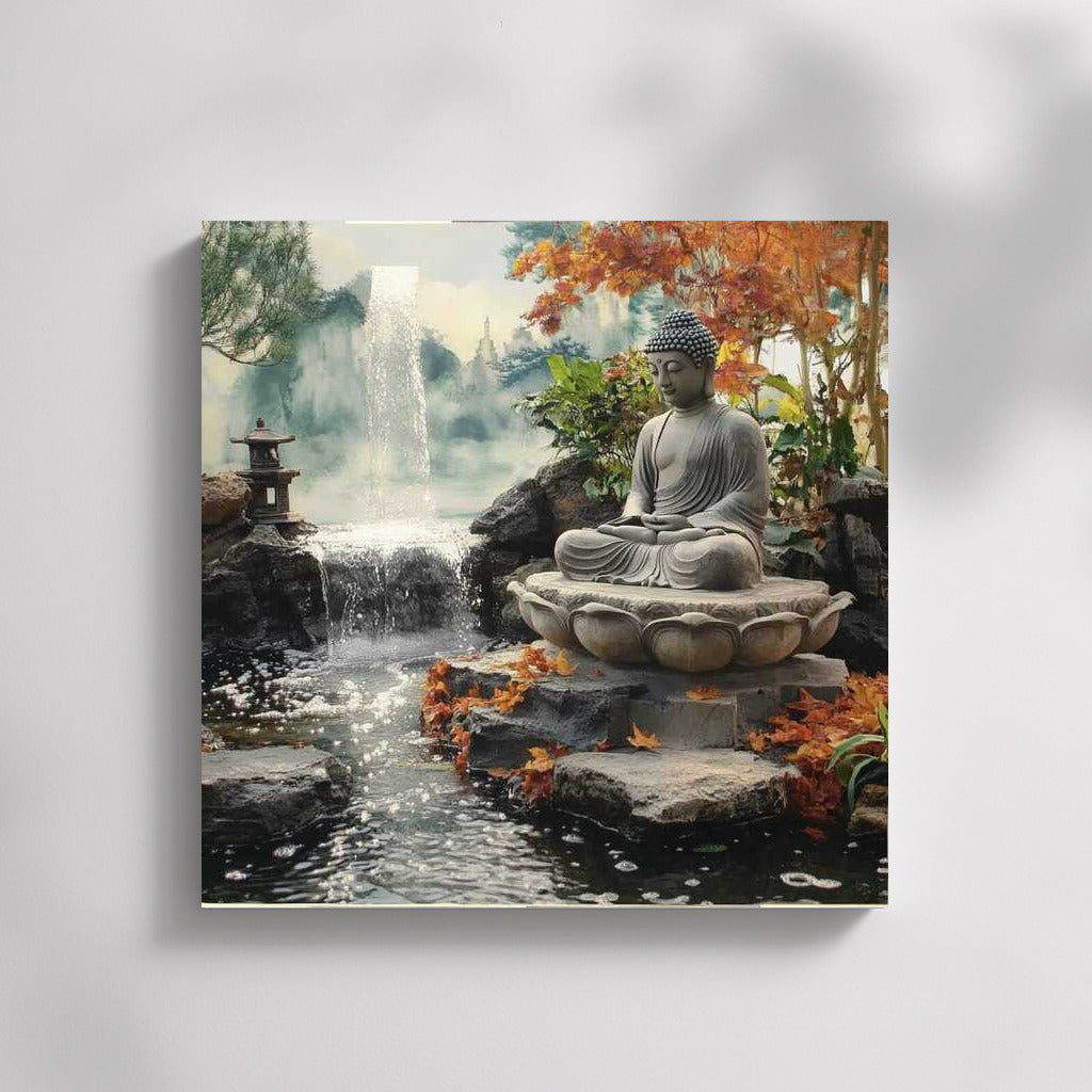 Buddha Among Autumn Waterfalls: Harmony of Nature and Zen