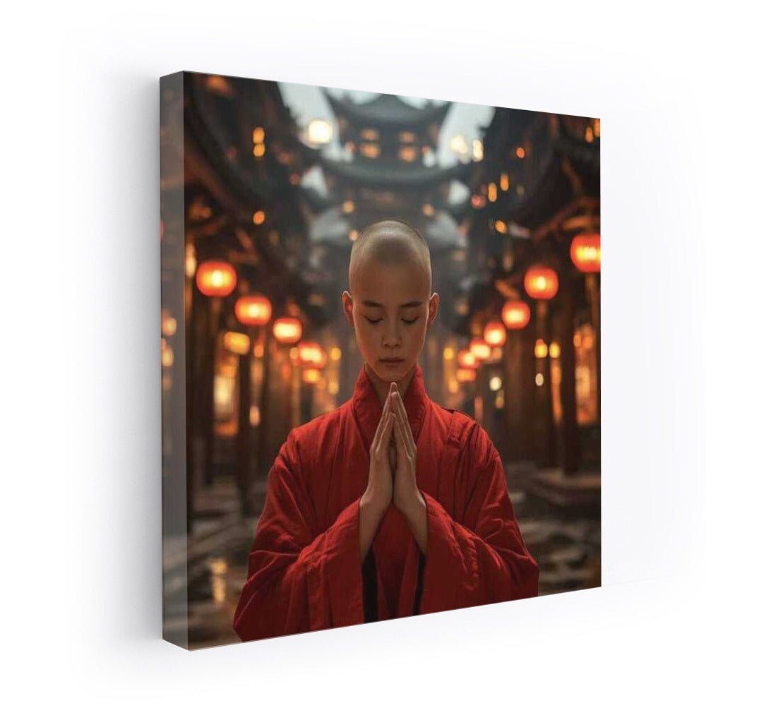 Young Monk in Meditation Among the Temple Lights