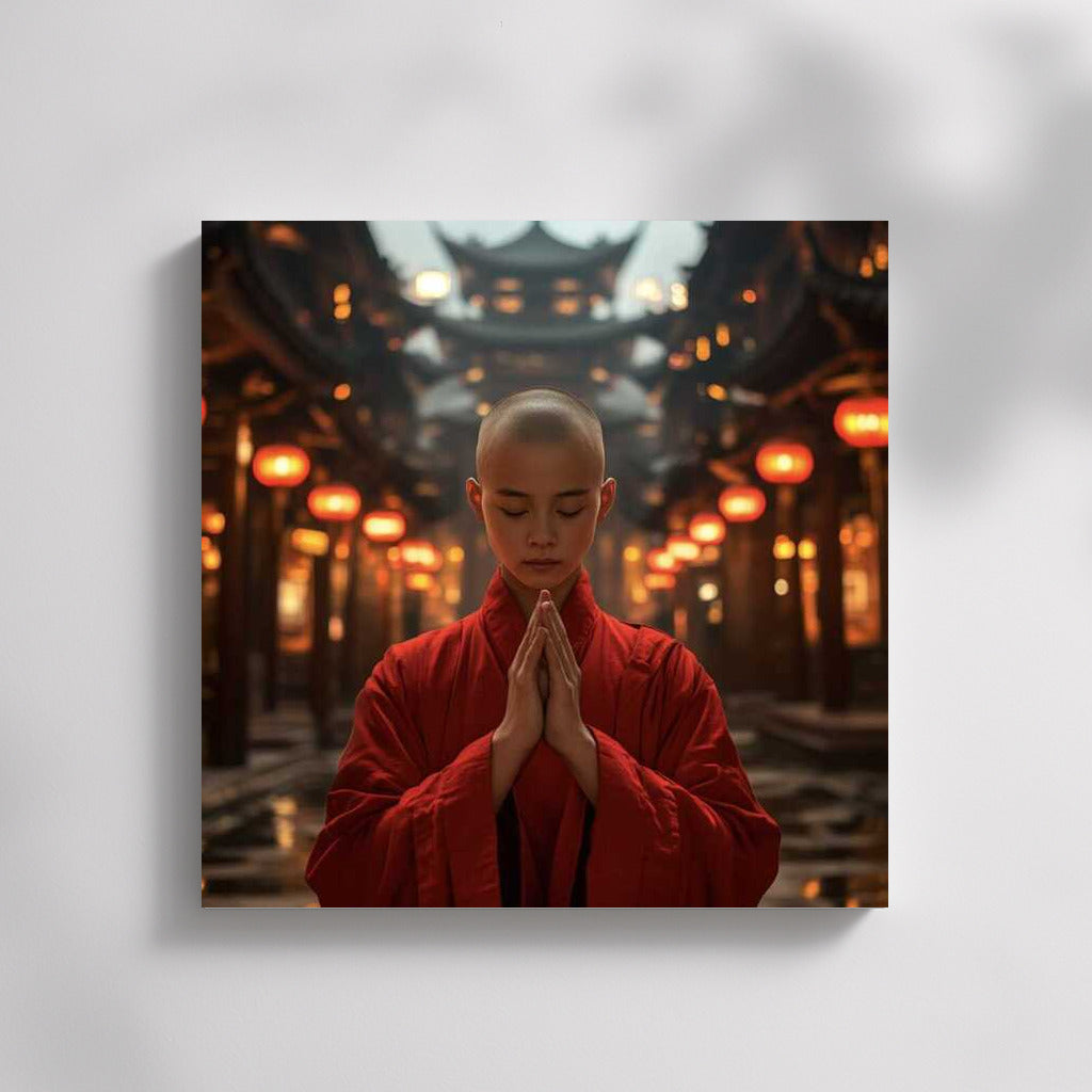 Young Monk in Meditation Among the Temple Lights