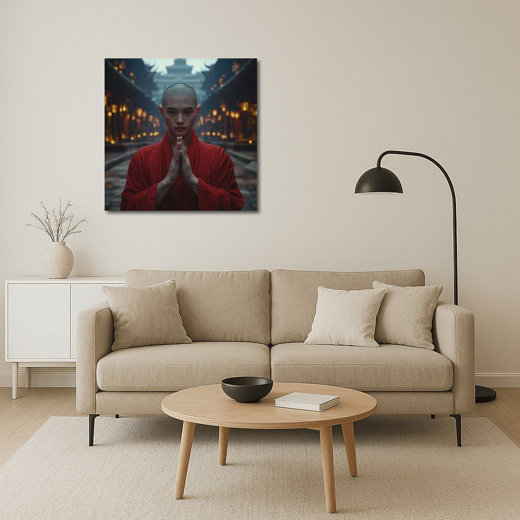 Young Monk in the Evening Temple: Peace and Harmony
