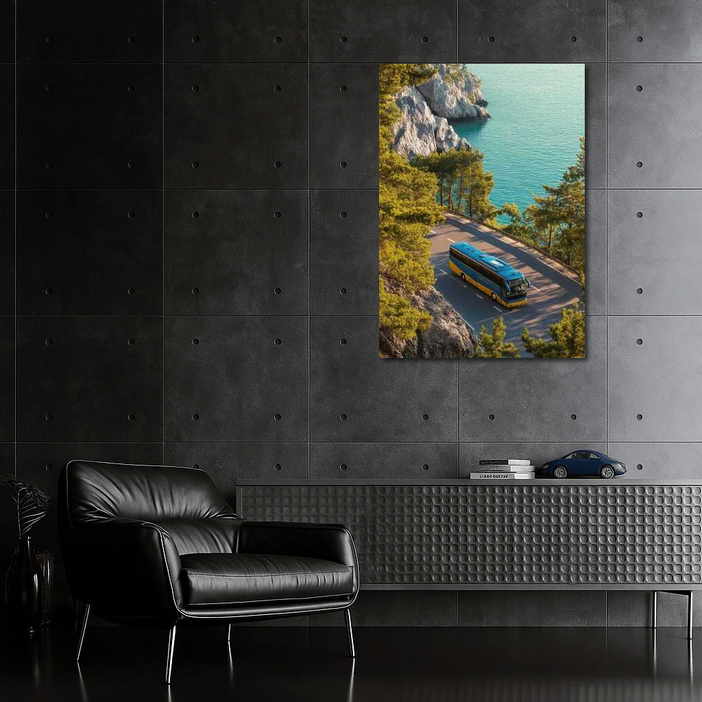 Bus Trip by the Sea: Road, Pines and Rocks