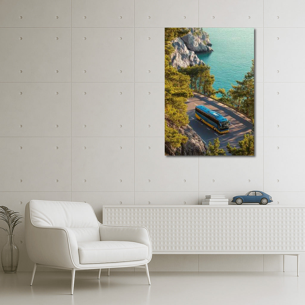 Bus Trip by the Sea: Road, Pines and Rocks