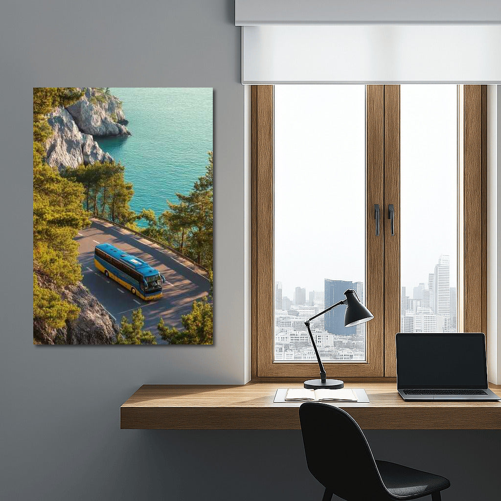 Bus Trip by the Sea: Road, Pines and Rocks