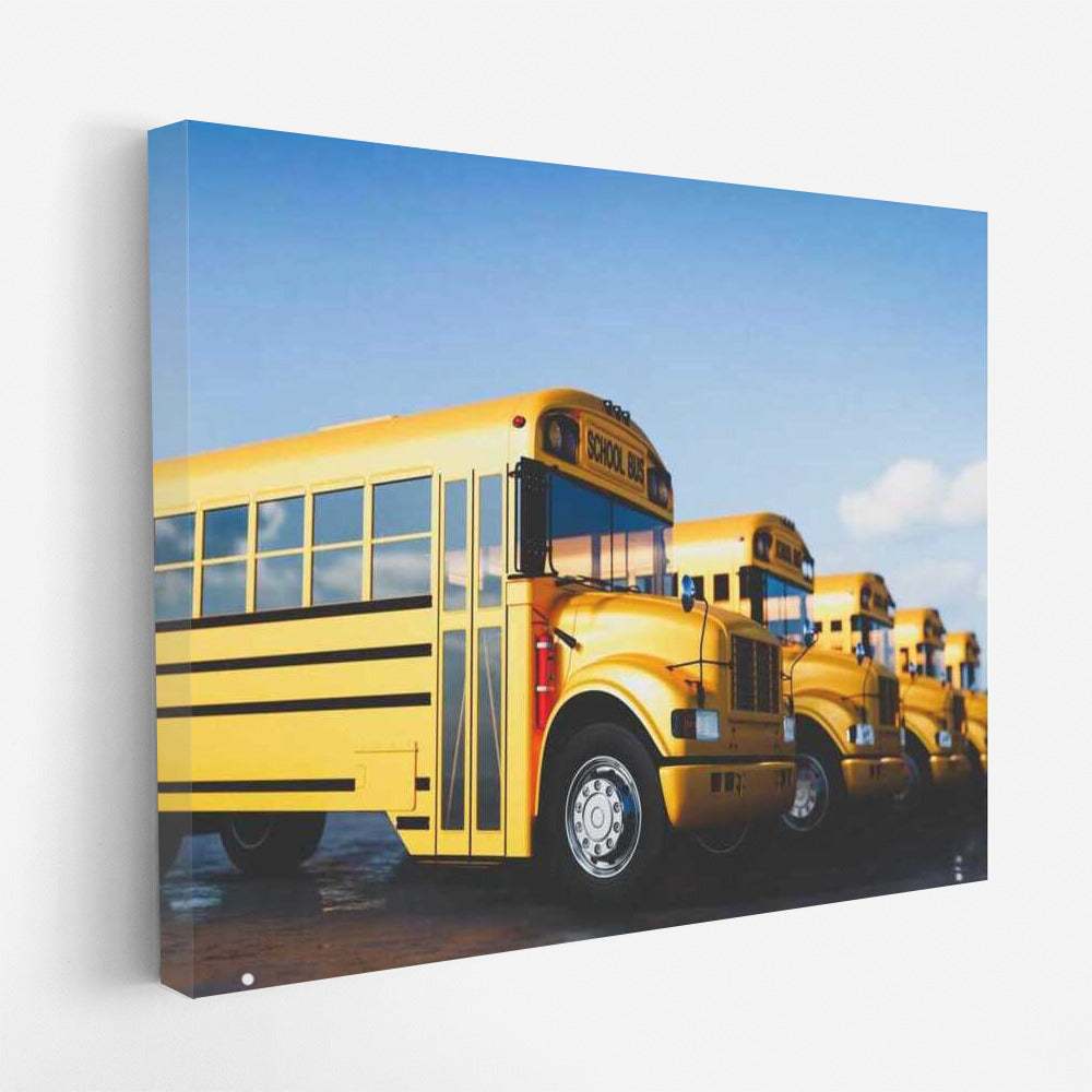 Yellow School Bus Lineup: Travel and Wait