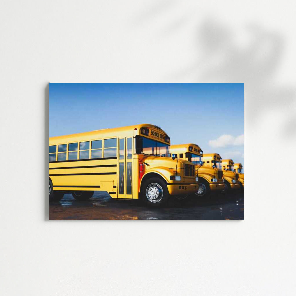 Yellow School Bus Lineup: Travel and Wait