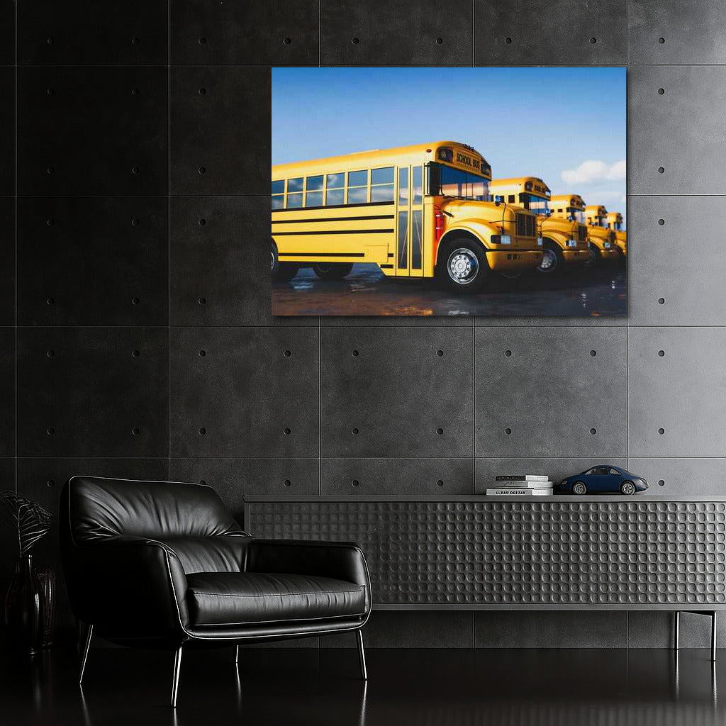 Yellow School Bus Lineup: Travel and Wait