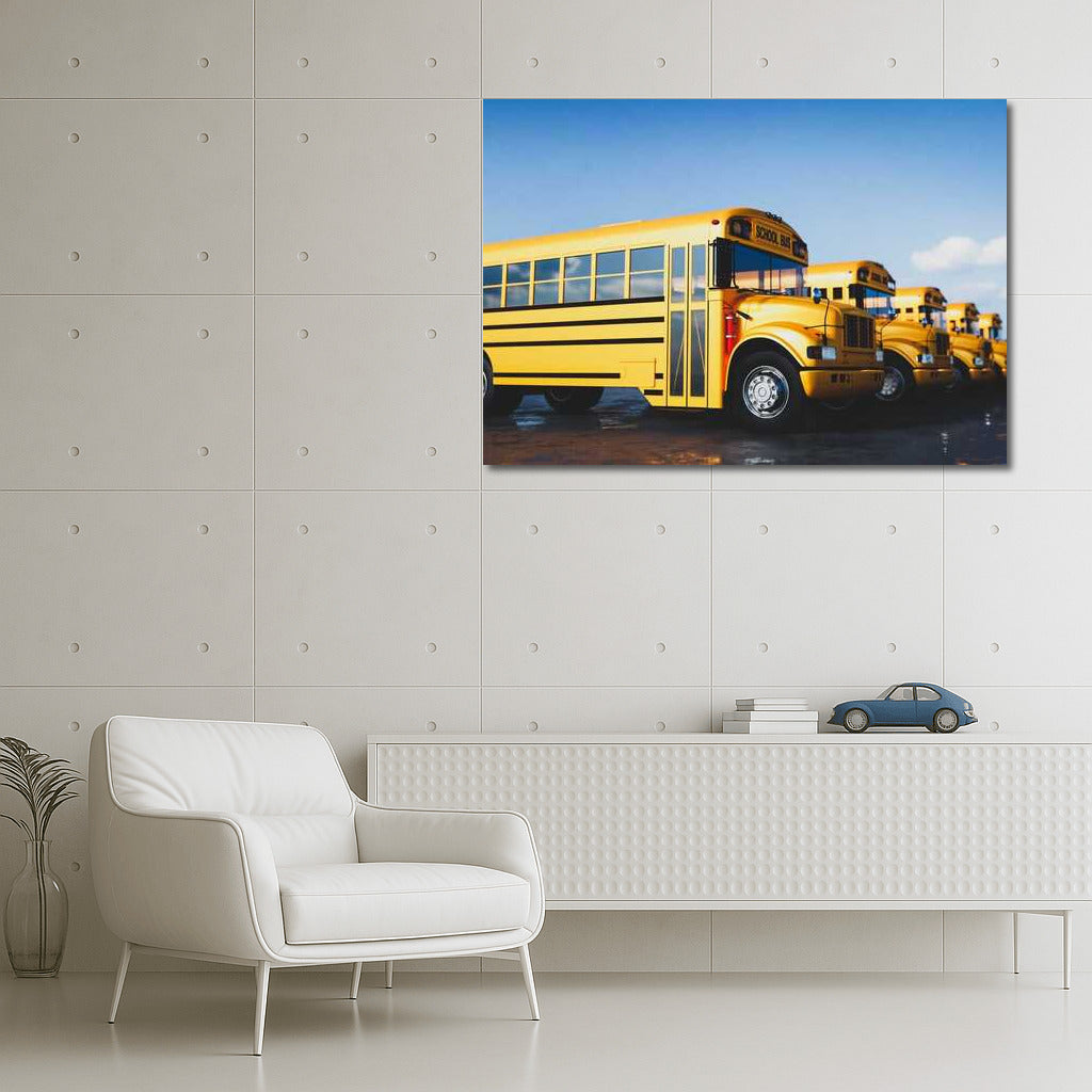 Yellow School Bus Lineup: Travel and Wait