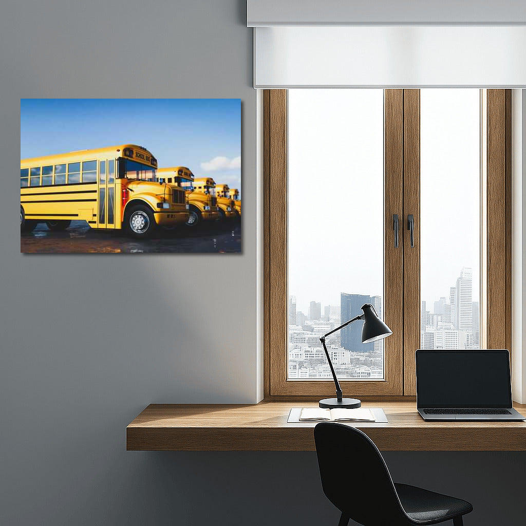 Yellow School Bus Lineup: Travel and Wait