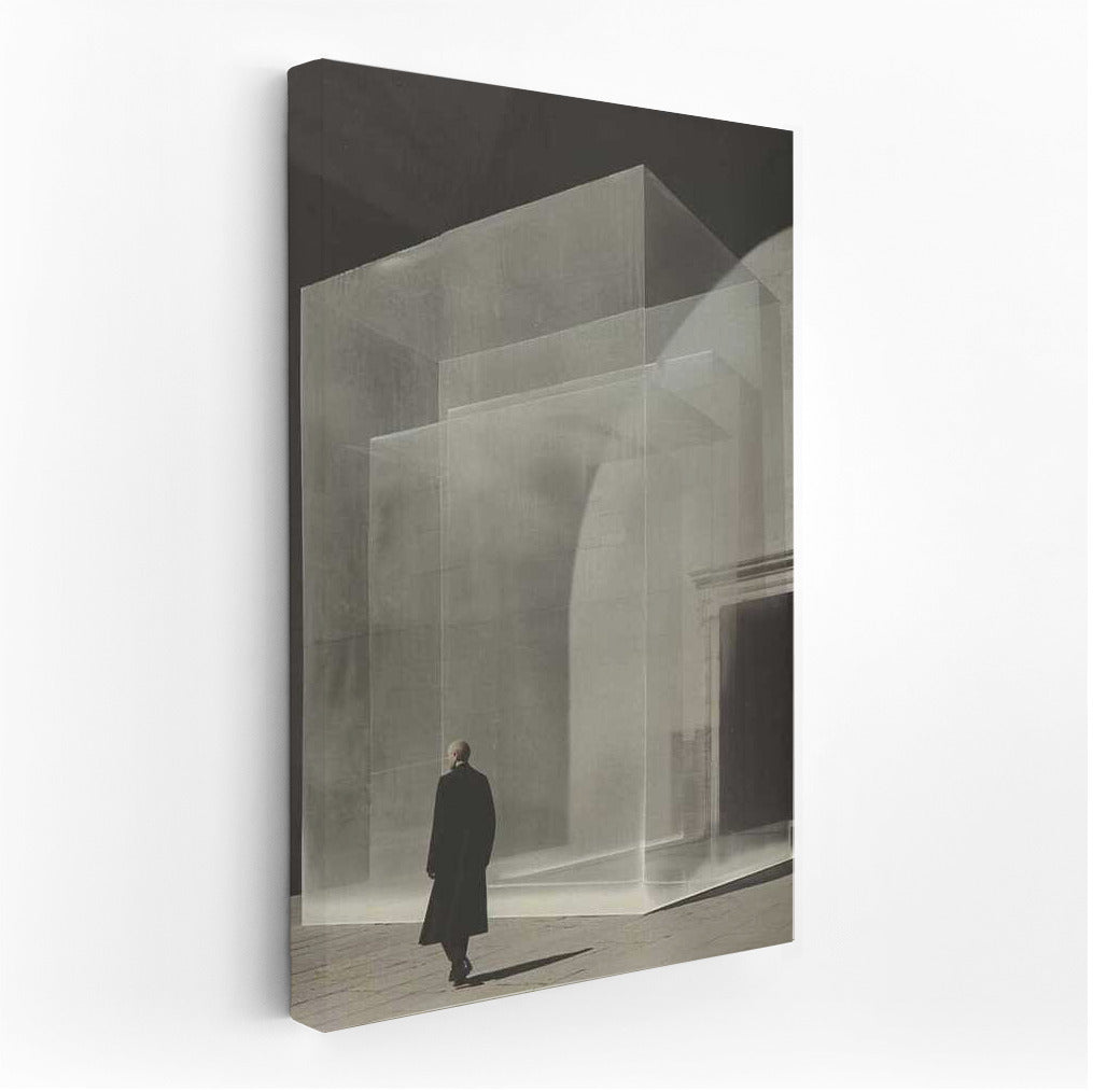 Explorer in Black and White Isometric Cube: Surreal Journey