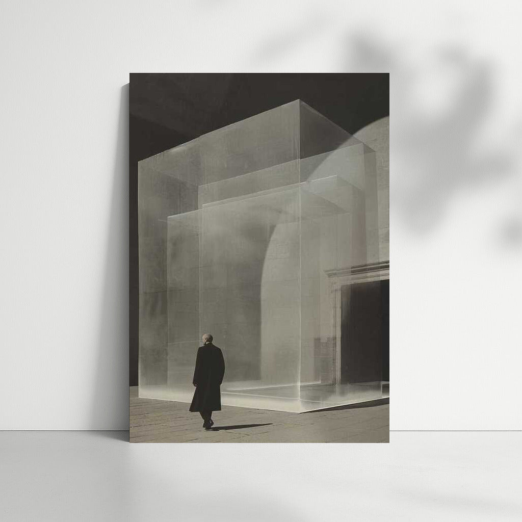 Explorer in Black and White Isometric Cube: Surreal Journey