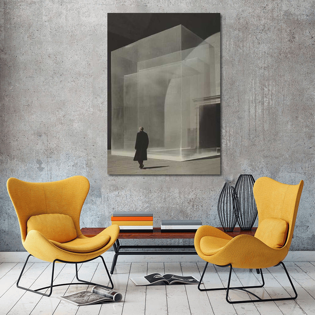 Explorer in Black and White Isometric Cube: Surreal Journey